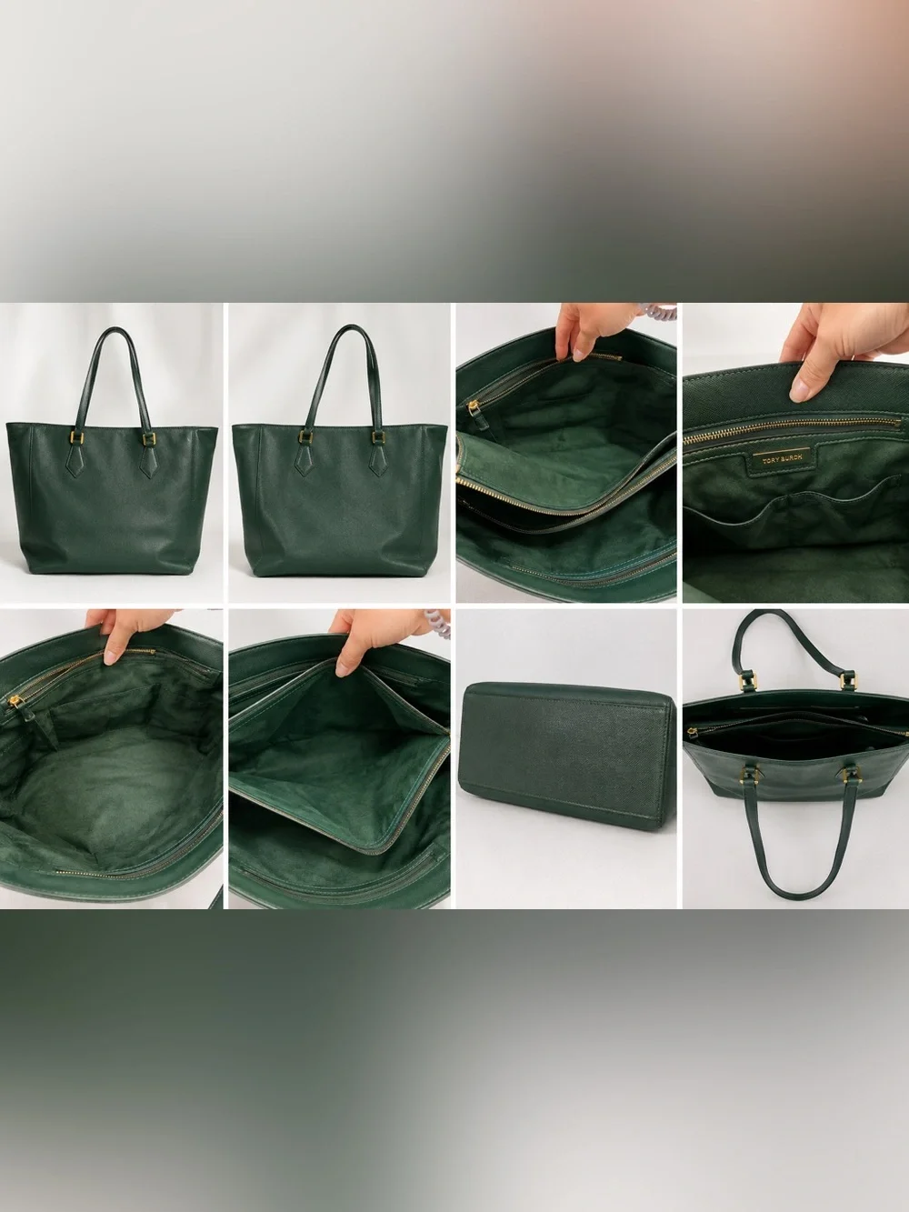 Tory Burch Forest Green Leather Tote with Gold Hardware